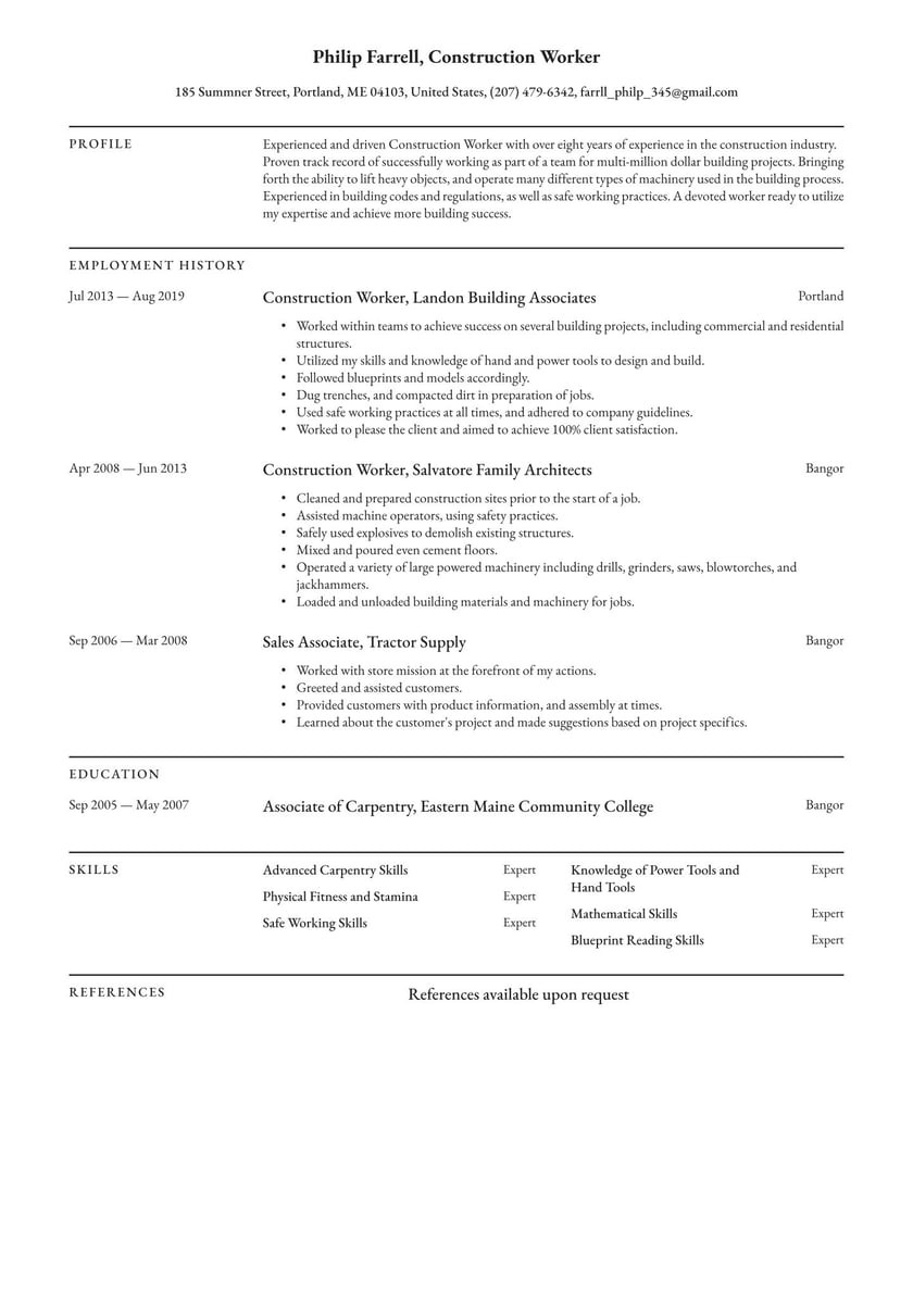 Sample Resume for Self Employed Handyman Construction Worker Resume Examples & Writing Tips 2022 (free Guide)