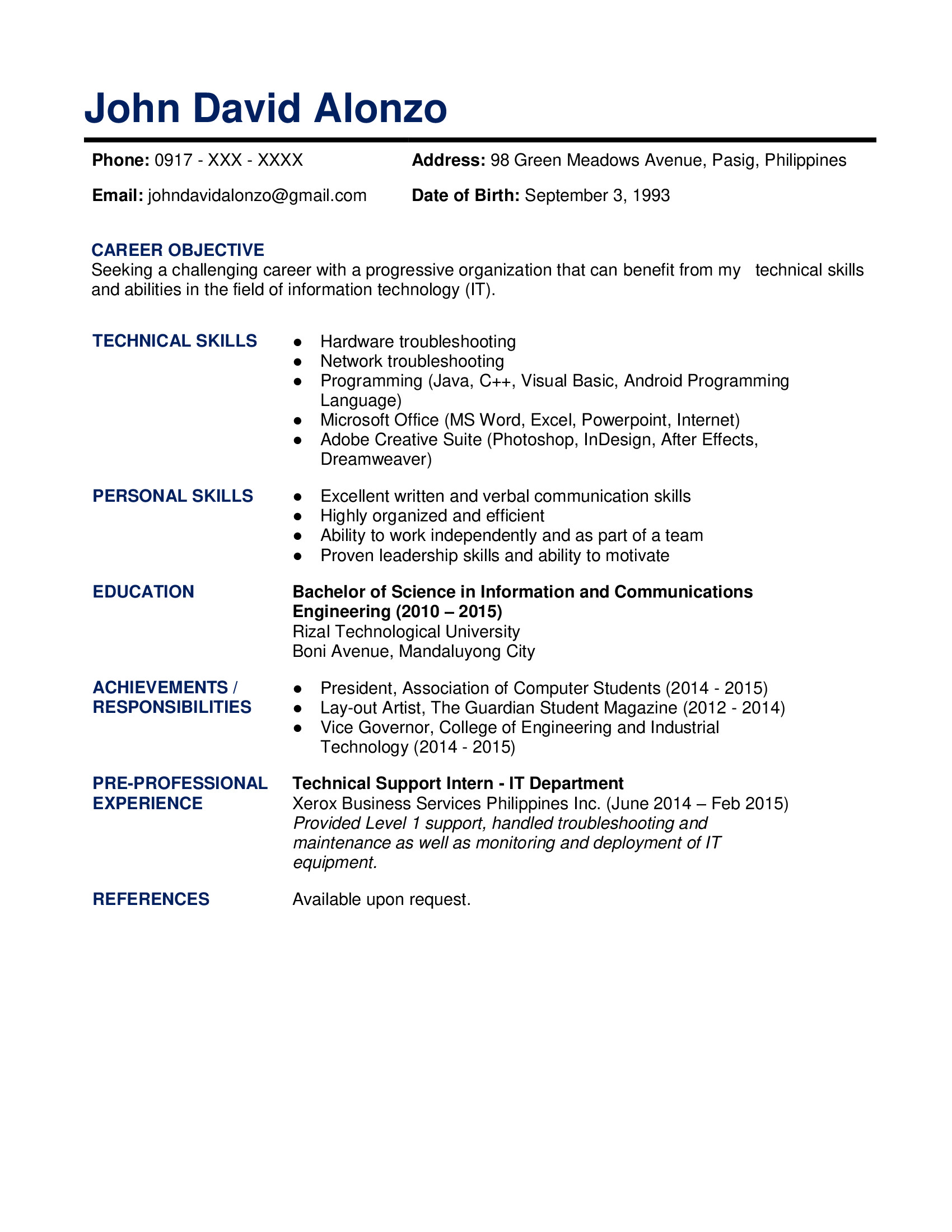 Sample Resume for Undergraduate Students Philippines Sample Resume formats for Fresh Graduates