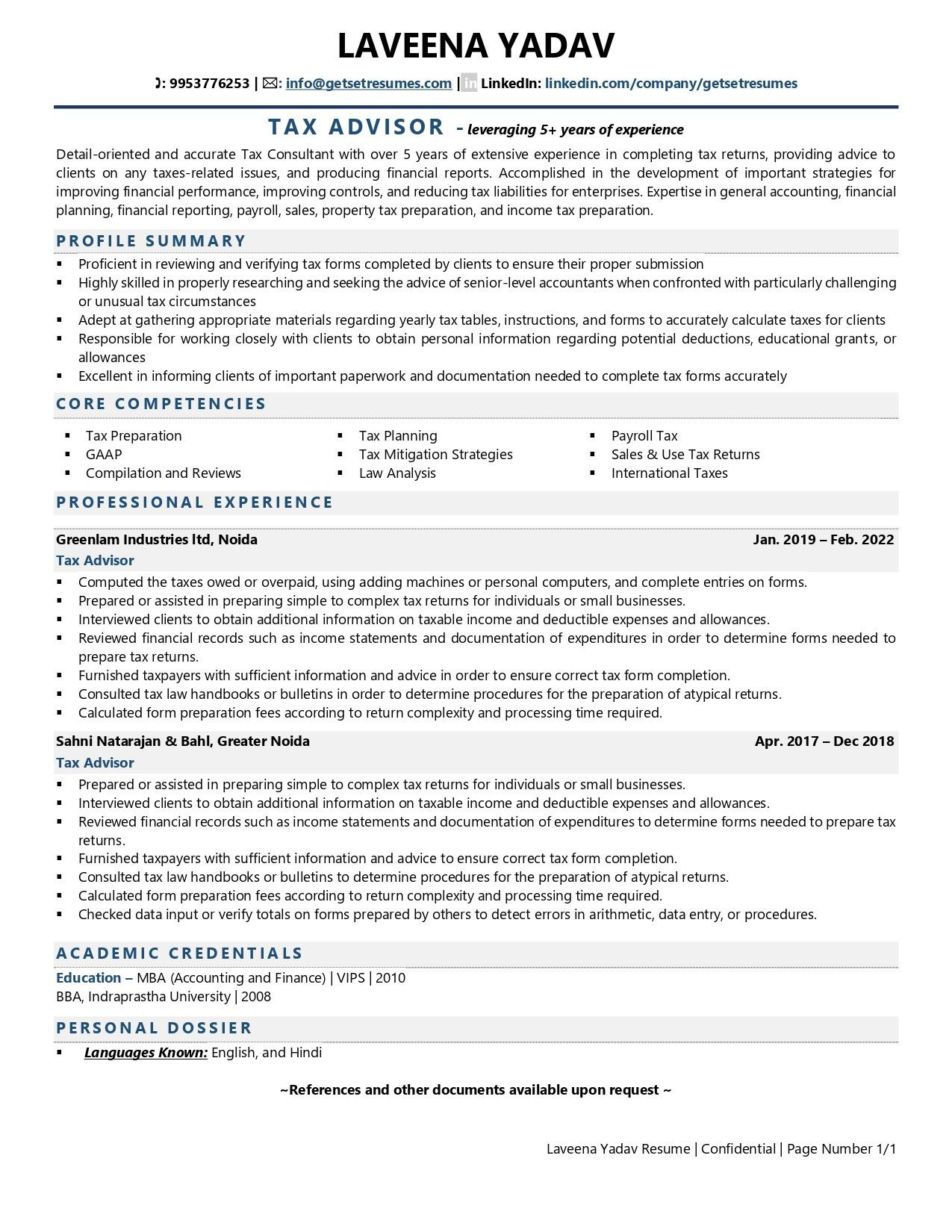 Sample Resume for Us Tax Preparer Tax Advisor Resume Examples & Template (with Job Winning Tips)