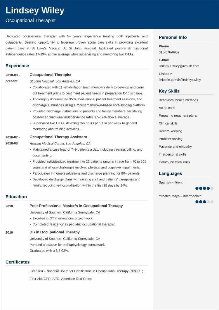 Sample Resume Graduate School Occupational therapy Occupational therapy Resumeâexamples (lancarrezekiq New Grads)