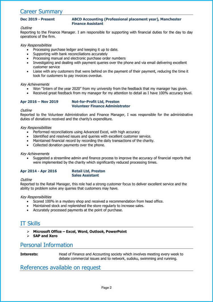 Sample Resume Of Finance Accounting Graduate Finance Graduate Cv Example Land A top Job