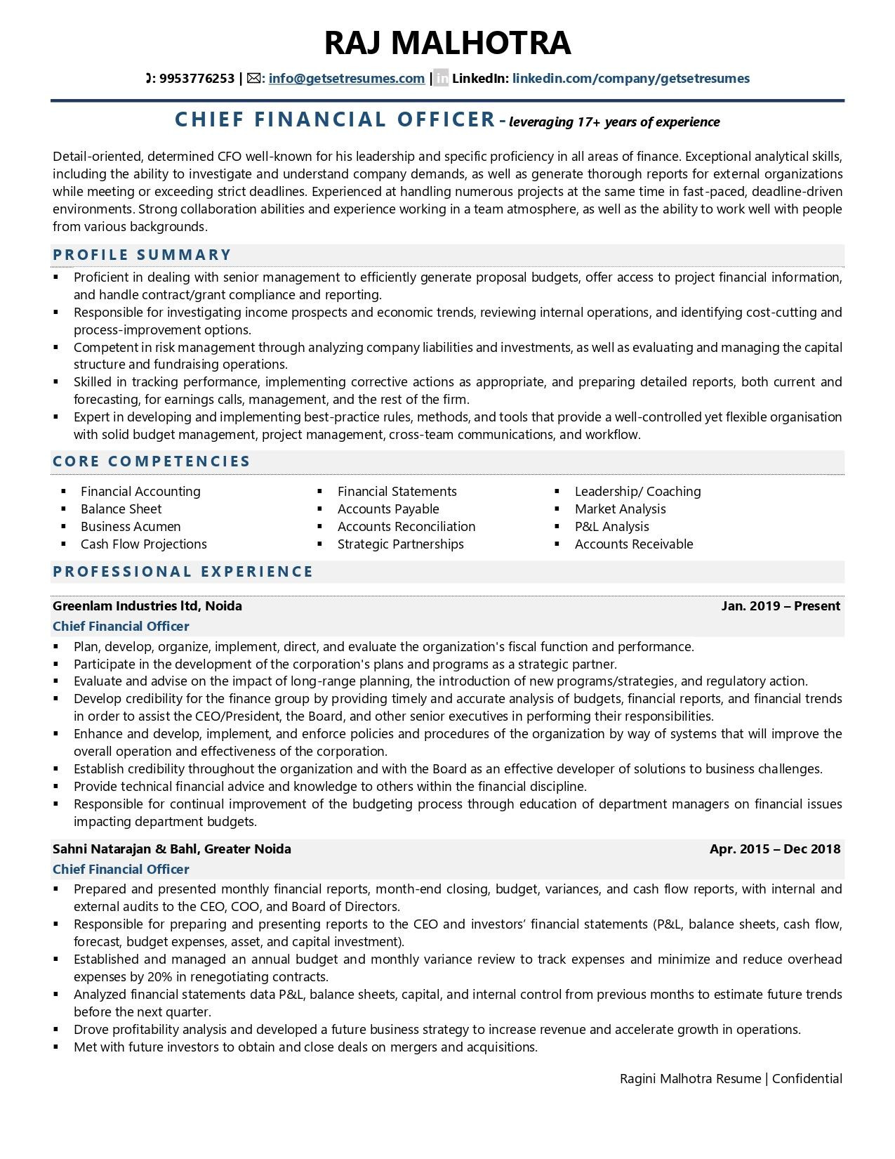 Sample Resume Of Finance Executive In India Chief Finance Officer Resume Examples & Template (with Job Winning …