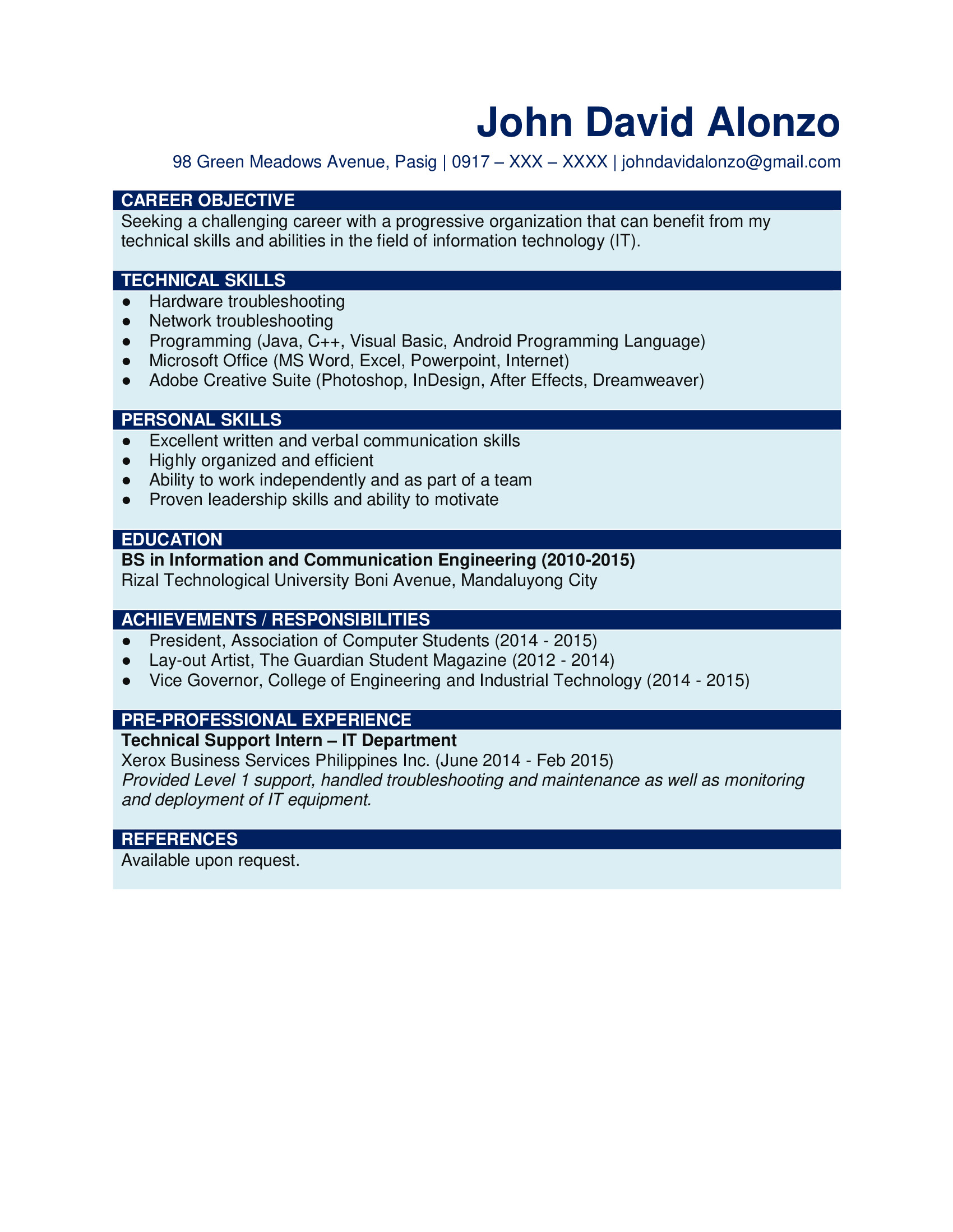 Sample Resume Right Out Of College Sample Resume formats for Fresh Graduates
