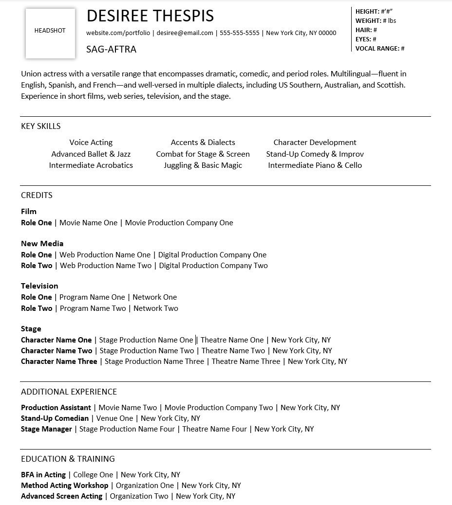 Sample Resume Right Out Of College theatre Acting Resume for Beginners Monster.com