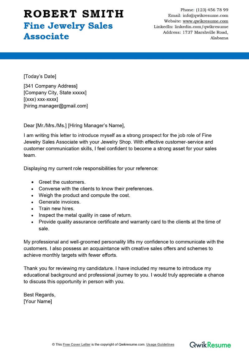 Sample Resume Sales associate Jewelry Store Fine Jewelry Sales associate Cover Letter Examples – Qwikresume