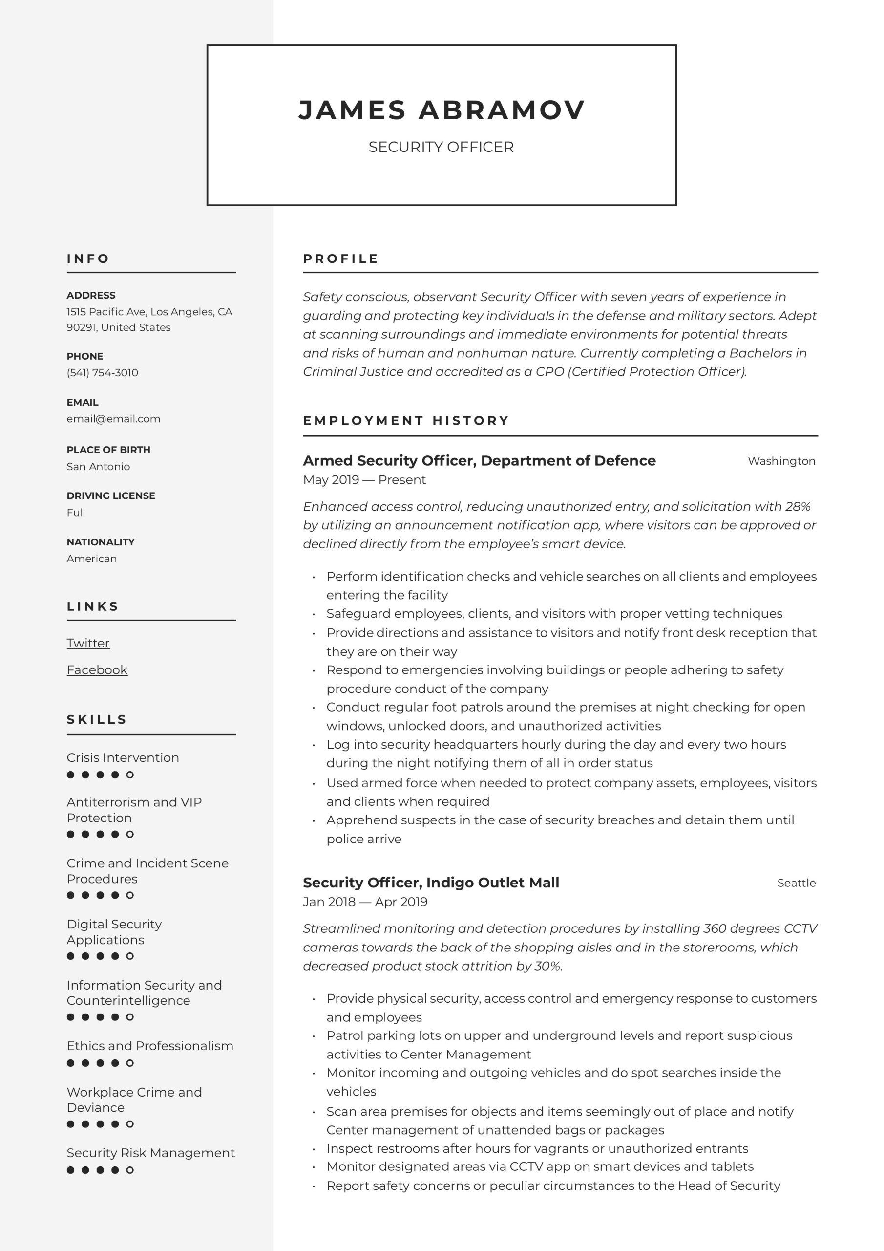 Sample Resumes for Nuclear Security Guards Security Officer Resume & Writing Guide  12 Resume Examples 2020