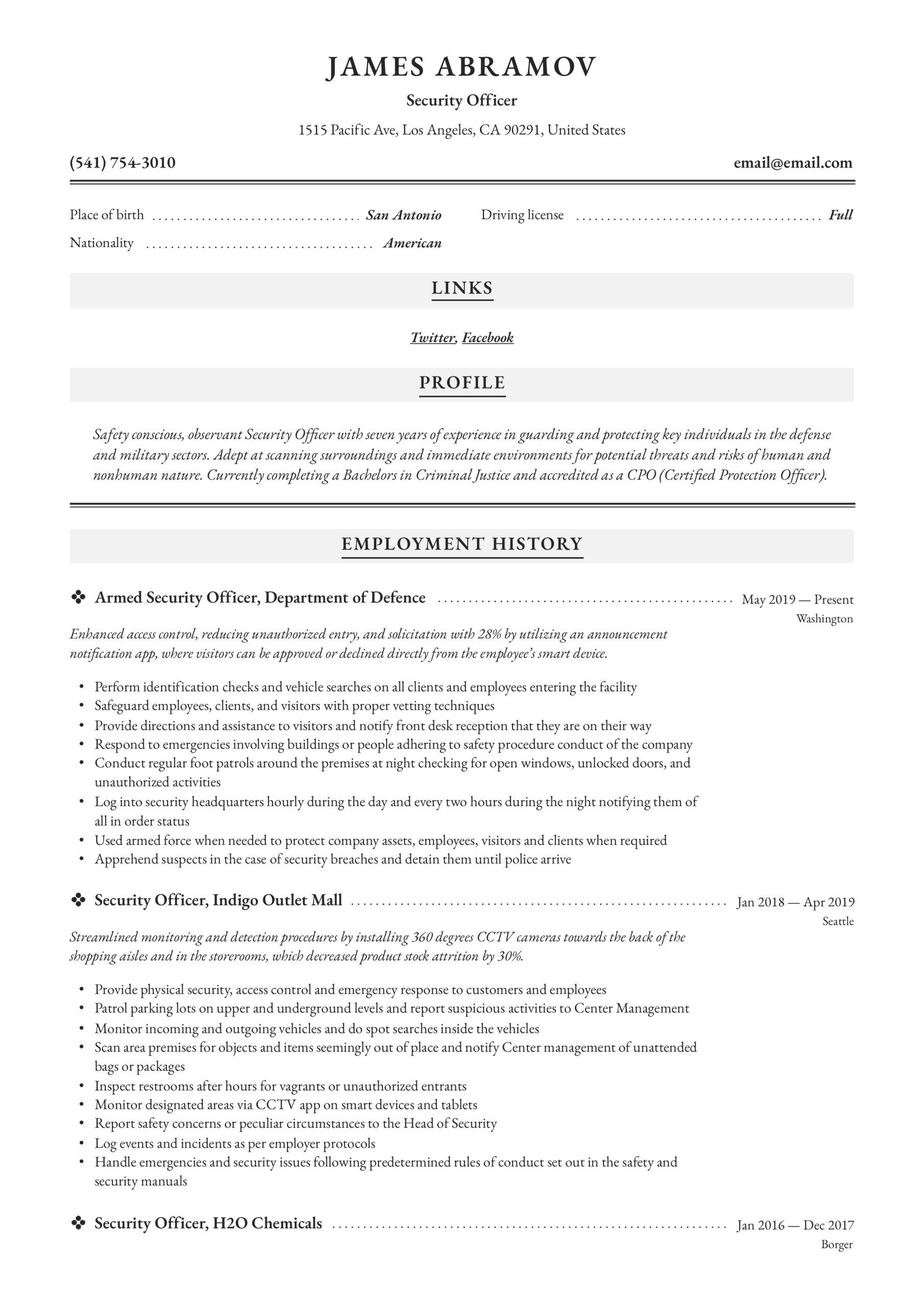 Sample Resumes for Nuclear Security Guards Security Officer Resume & Writing Guide  12 Resume Examples 2020