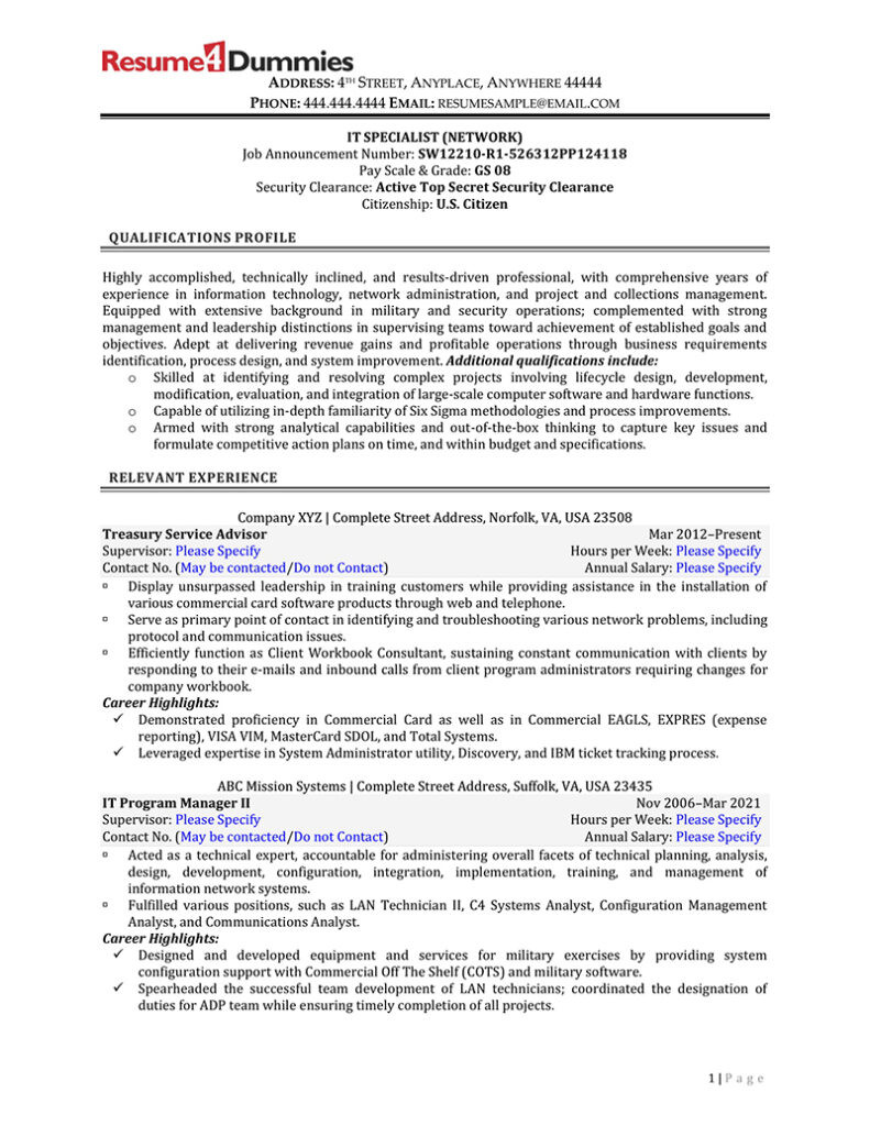 Samples Of Good Resumes for Government Jobs Federal Government It Specialist Resume Example Resume4dummies