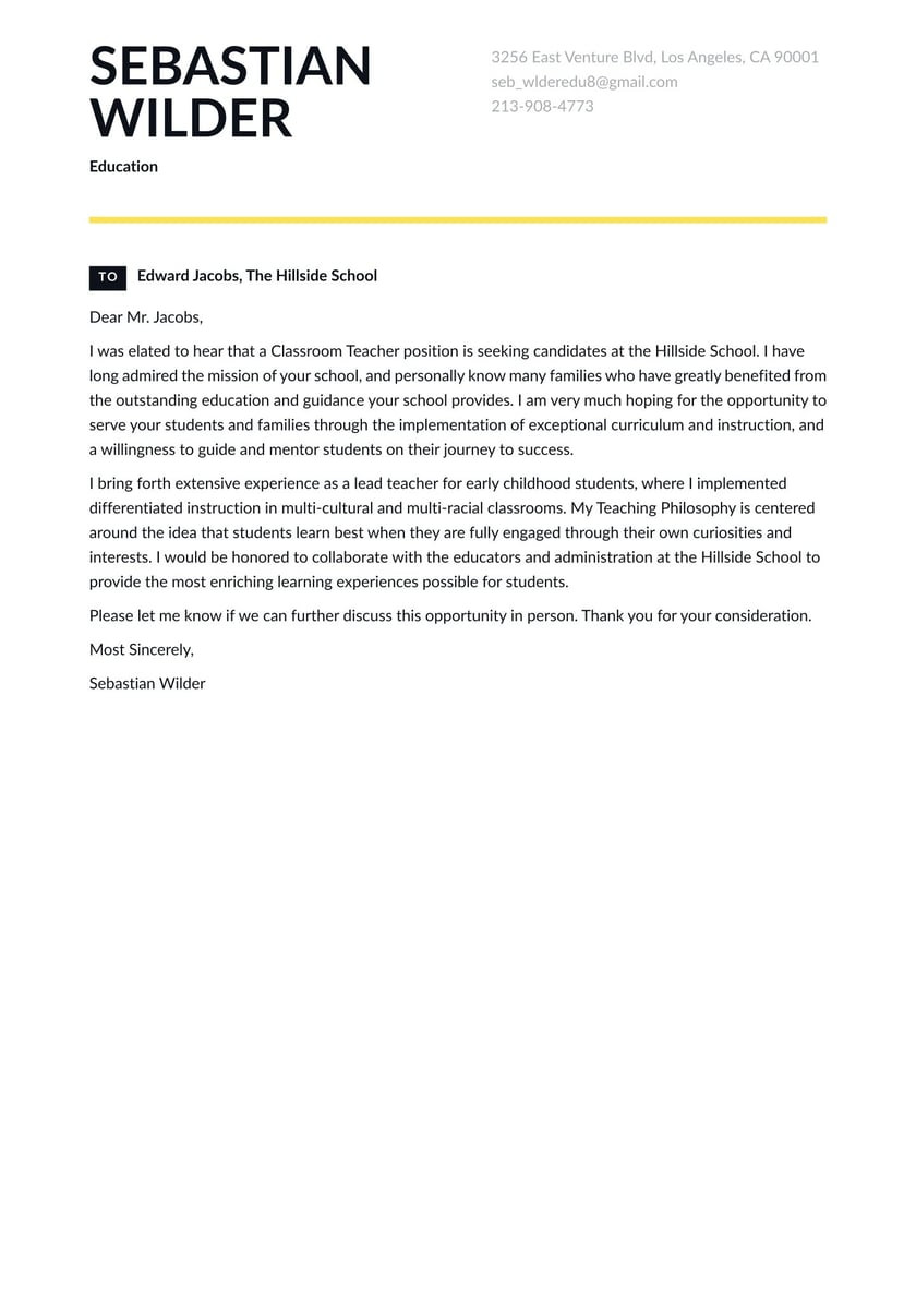 School Teacher Resume Cover Letter Sample Education Cover Letter Examples & Expert Tips [free] Â· Resume.io