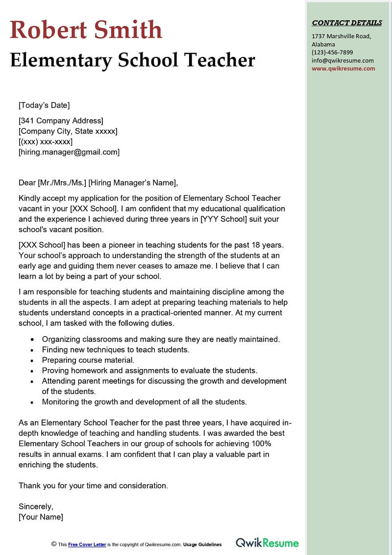 School Teacher Resume Cover Letter Sample Elementary School Teacher Cover Letter Examples – Qwikresume School Teacher Resume Cover Letter Sample Elementary School Teacher Cover Letter Examples – Qwikresume