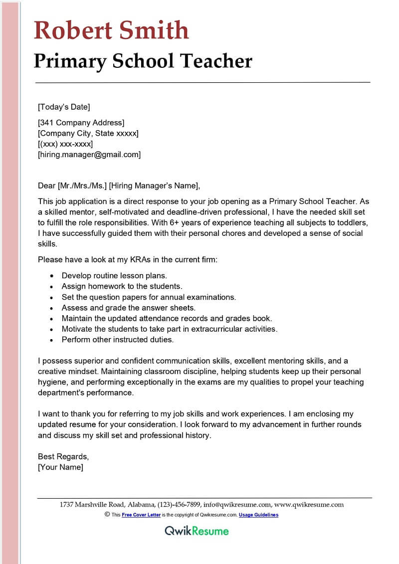 School Teacher Resume Cover Letter Sample Primary School Teacher Cover Letter Examples – Qwikresume