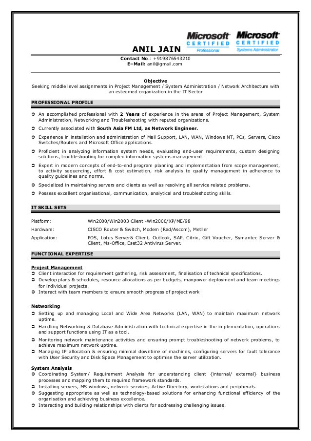 System Administrator Sample Resume 3 Years Experience Network Engineer Resume 3 Years Experience