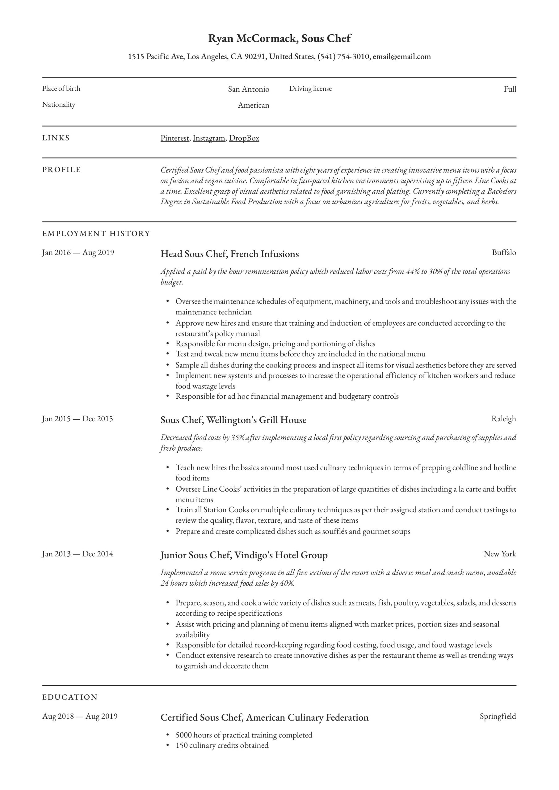 The Best Resume Sample Of sous Chef sous Chef Resume & Writing Guide  12 Resume Examples 2020