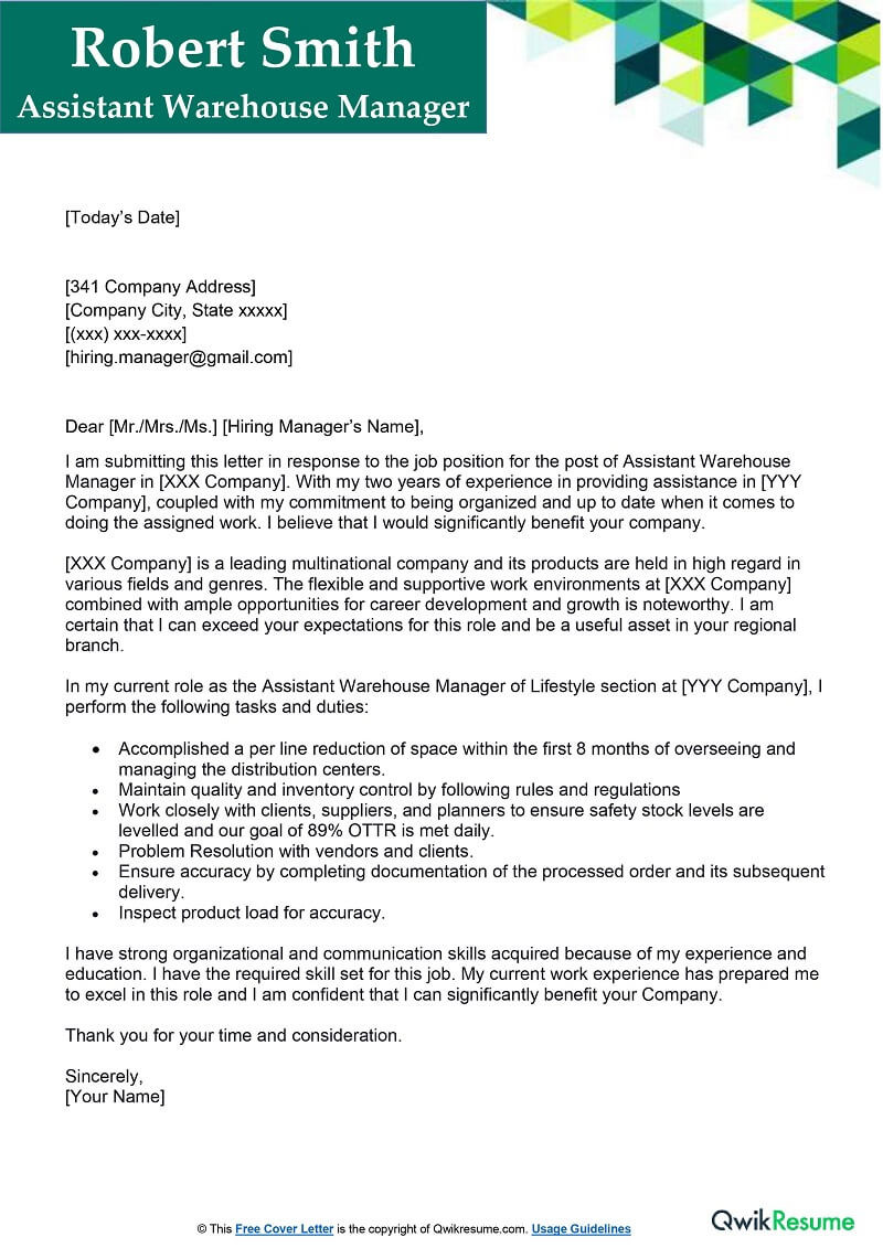 Warehouse assistant Job Description for Resumecover Letters and Resume Samples assistant Warehouse Manager Cover Letter Examples – Qwikresume