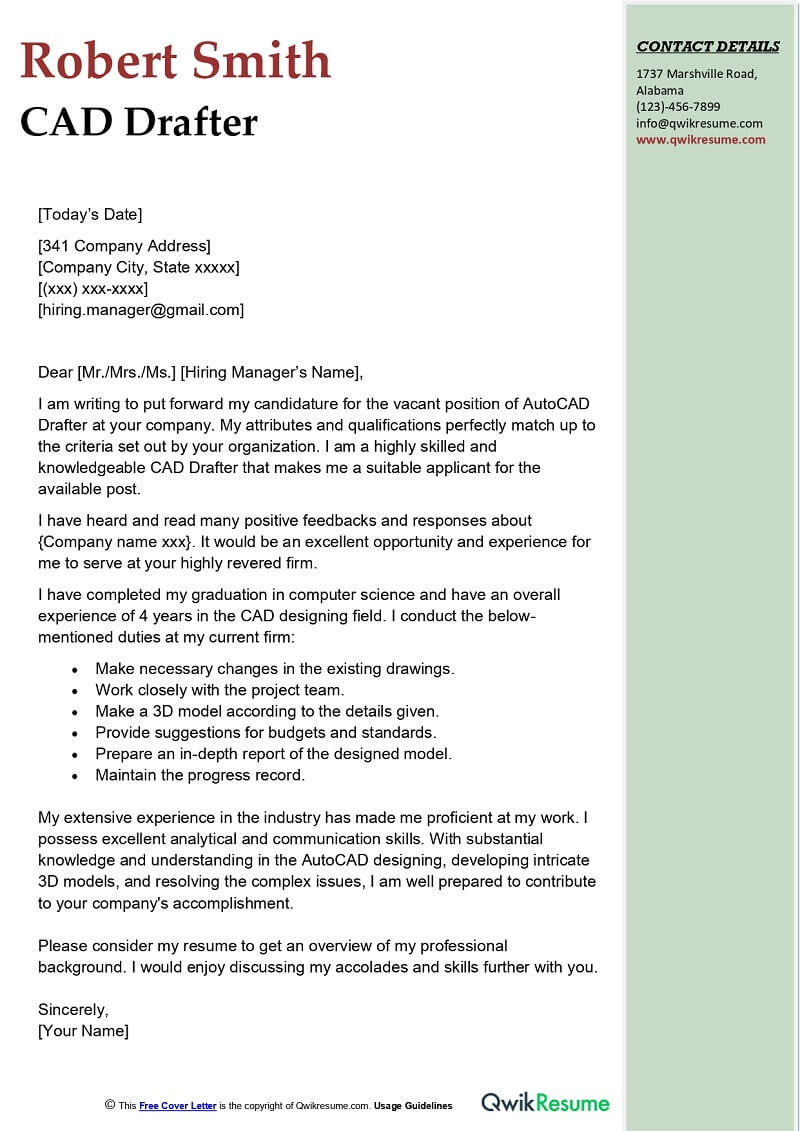 2d 3d Autocad Designer Skills Resume Samples Cad Drafter Cover Letter Examples – Qwikresume