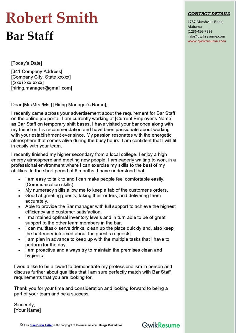 Bartender Reference Letter Samplecover Letters and Resume Samples Bar Staff Cover Letter Examples – Qwikresume