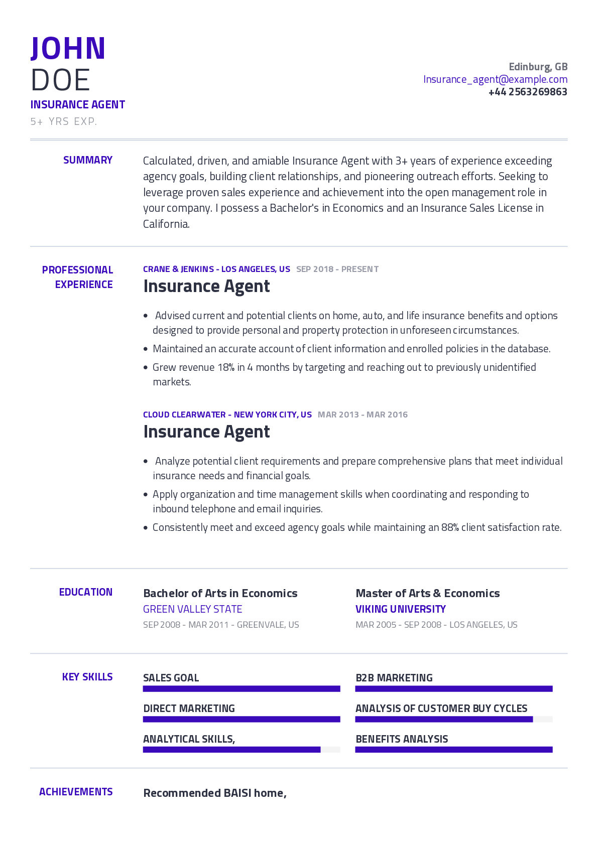 Business Analyst Property and Casuality Insurance Sample Resumes Insurance Agent Resume Example with Content Sample Craftmycv