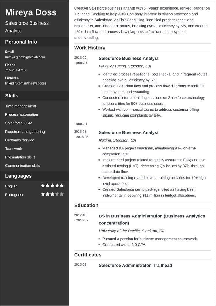 Business Analyst Sales force Sample Resume Salesforce Resumeâsamples, Skills, and 25lancarrezekiq Writing Tips