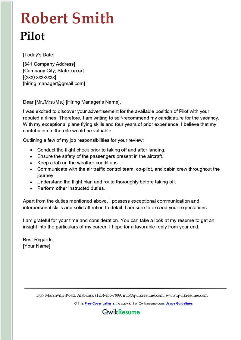 Cover Letter Sample for A Aviation Resume Pilot Cover Letter Examples – Qwikresume