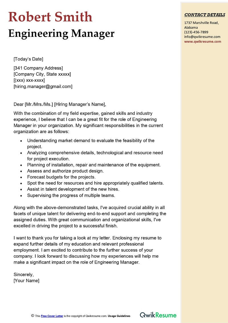 Cover Letter Sample for Engineering Resume Engineering Manager Cover Letter Examples – Qwikresume