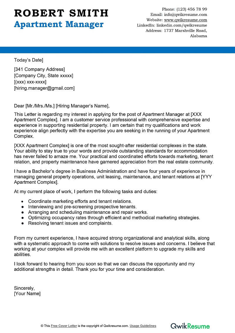 Cover Letter Sample for Resume Commercial Property Manager Apartment Manager Cover Letter Examples – Qwikresume
