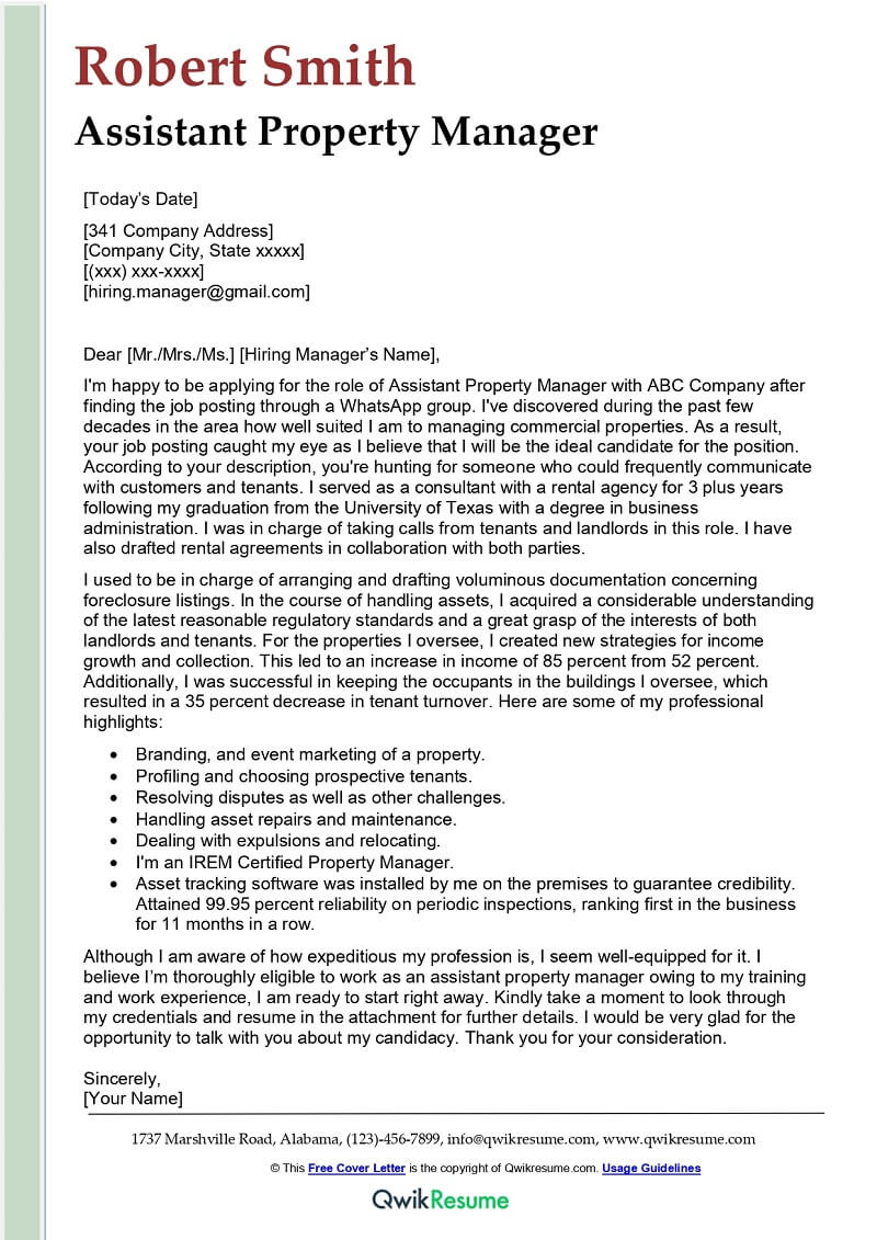 Cover Letter Sample for Resume Commercial Property Manager assistant Property Manager Cover Letter Examples – Qwikresume