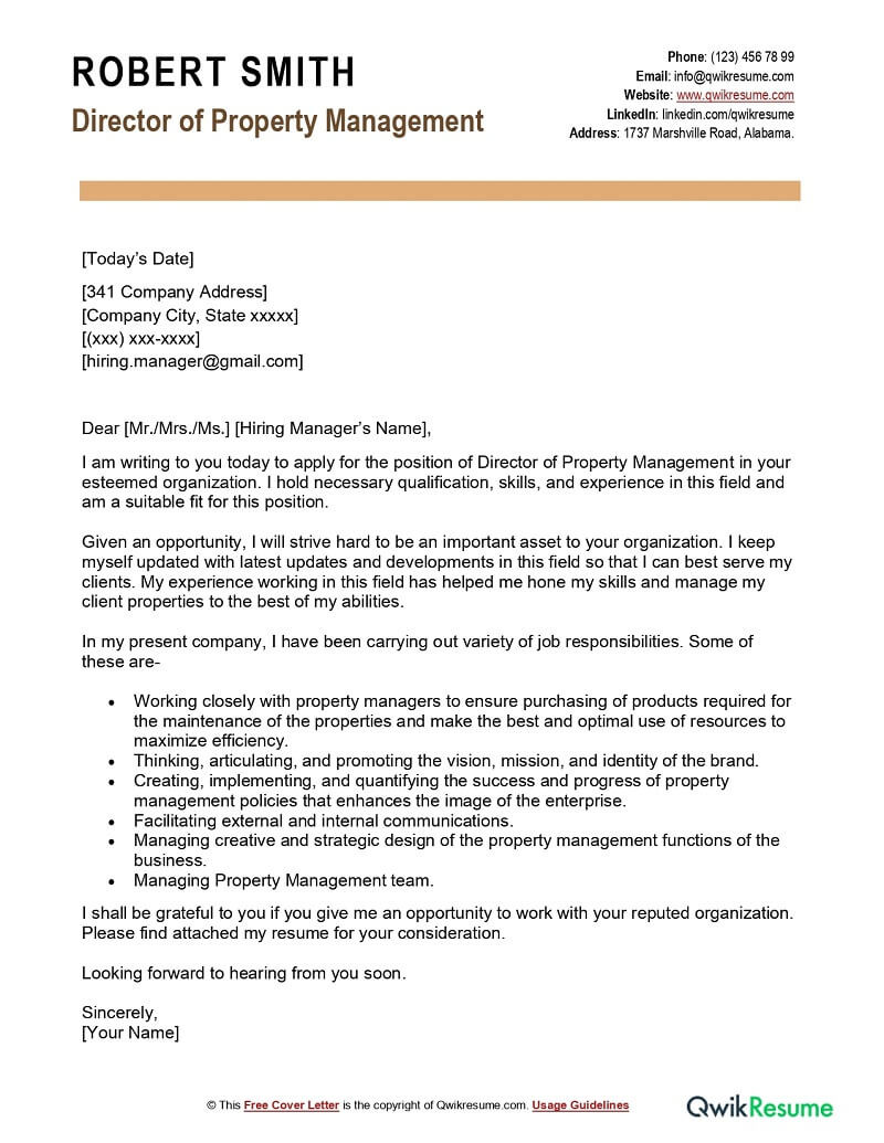 Cover Letter Sample for Resume Commercial Property Manager Director Of Property Management Cover Letter Examples – Qwikresume