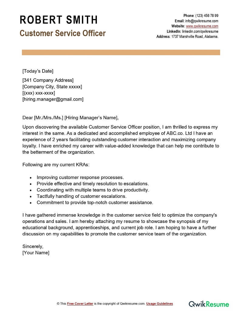Cover Letter Sample for Resume for Customer Service Customer Service Officer Cover Letter Examples – Qwikresume