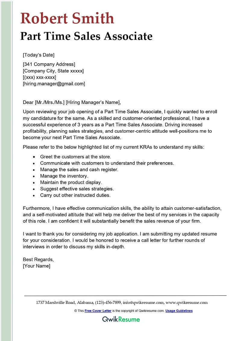 Cover Letter Sample for Resume Sales Part Time Sales associate Cover Letter Examples – Qwikresume