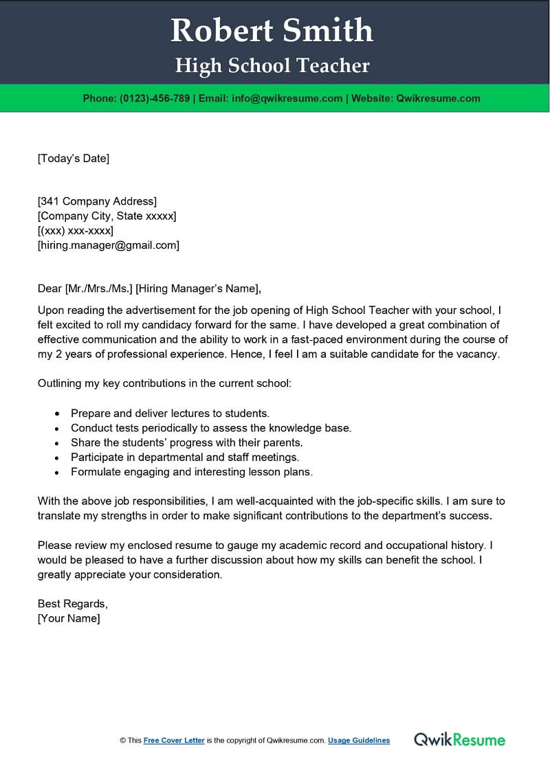 Email with Resume Enclosed Sample Teacher High School Teacher Cover Letter Examples – Qwikresume