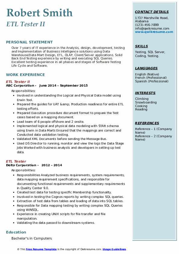 Etl Testing Sample Resume for Experienced Etl Tester Resume Samples