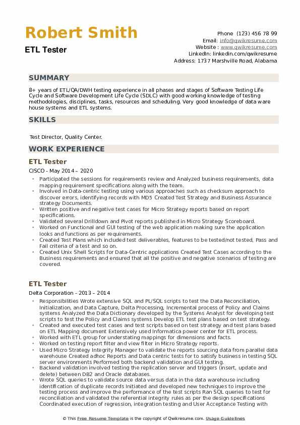 Etl Testing Sample Resume for Experienced Etl Tester Resume Samples