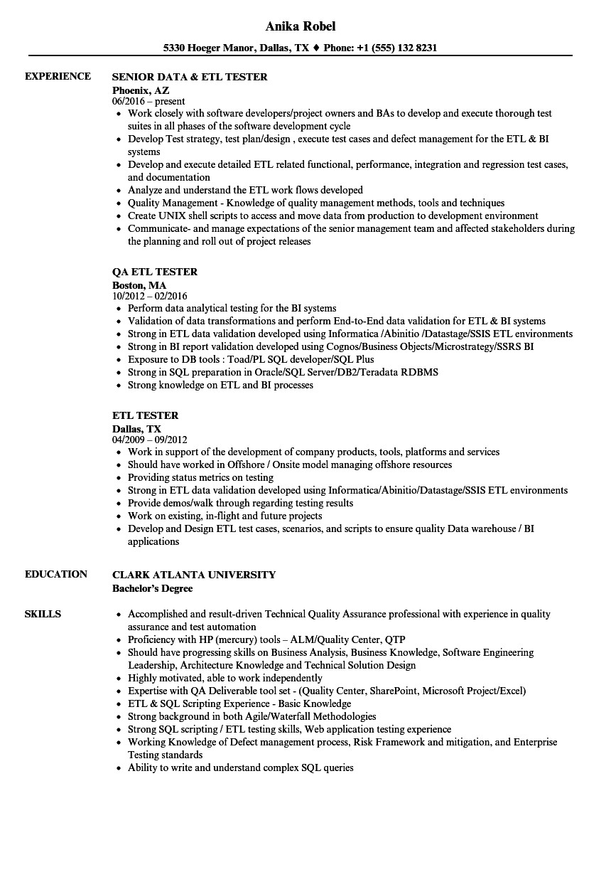 Etl Testing Sample Resume for Experienced Etl Tester Resume Samples