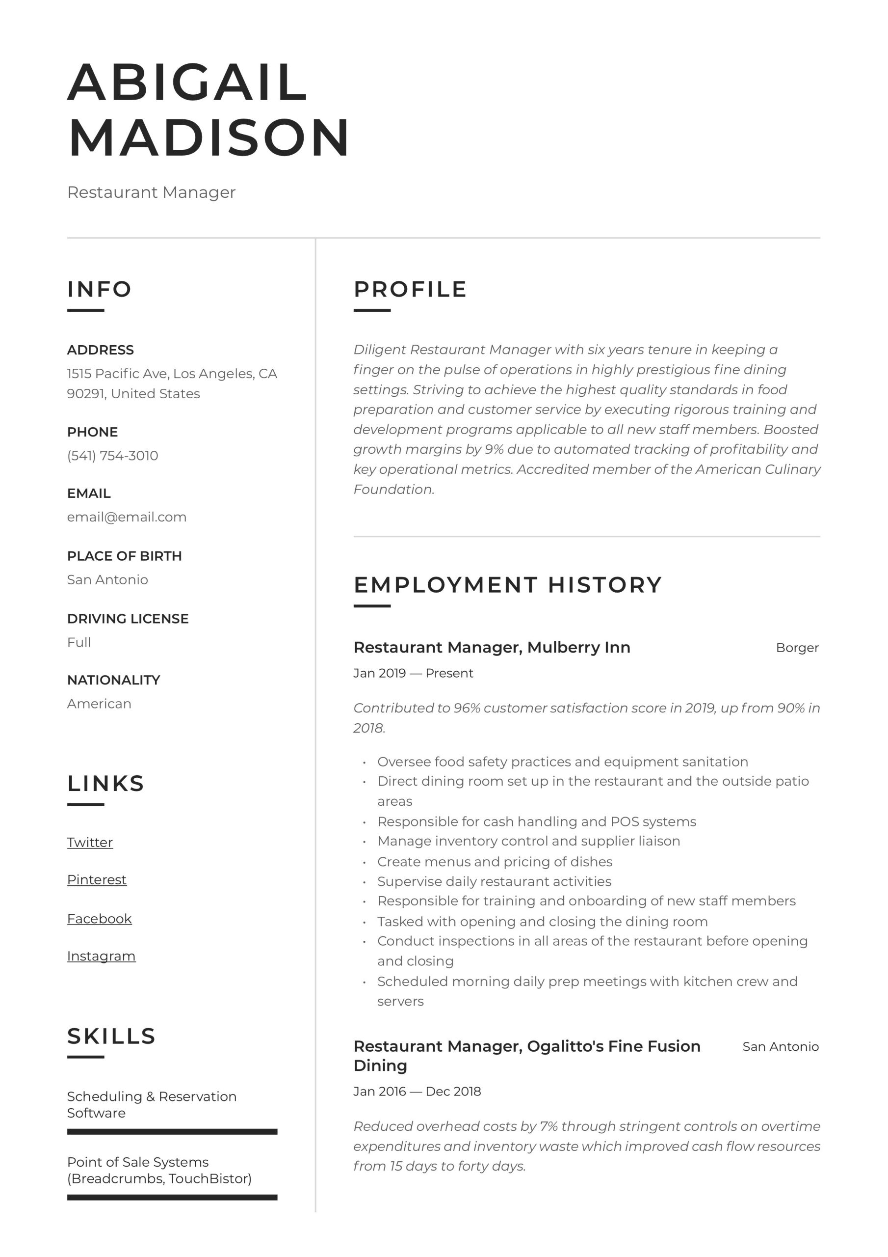 Fine Dining Restaurant Manager Resume Sample Restaurant Manager Resume & Writing Guide  12 Examples 2020