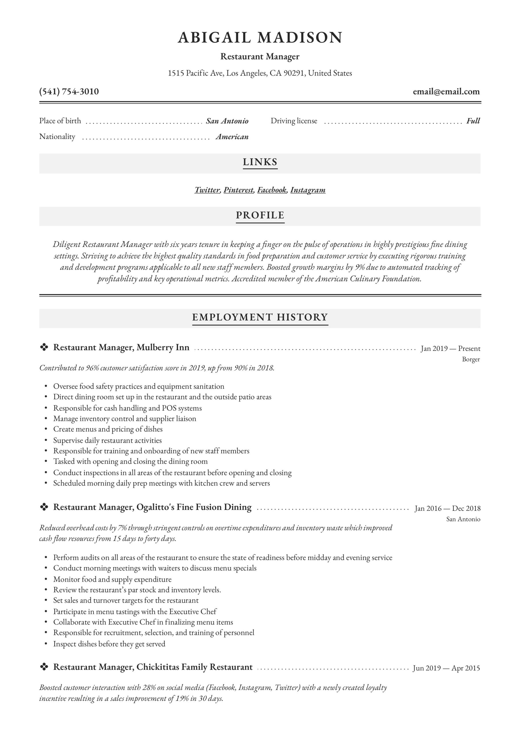 Fine Dining Restaurant Manager Resume Sample Restaurant Manager Resume & Writing Guide  12 Examples 2020