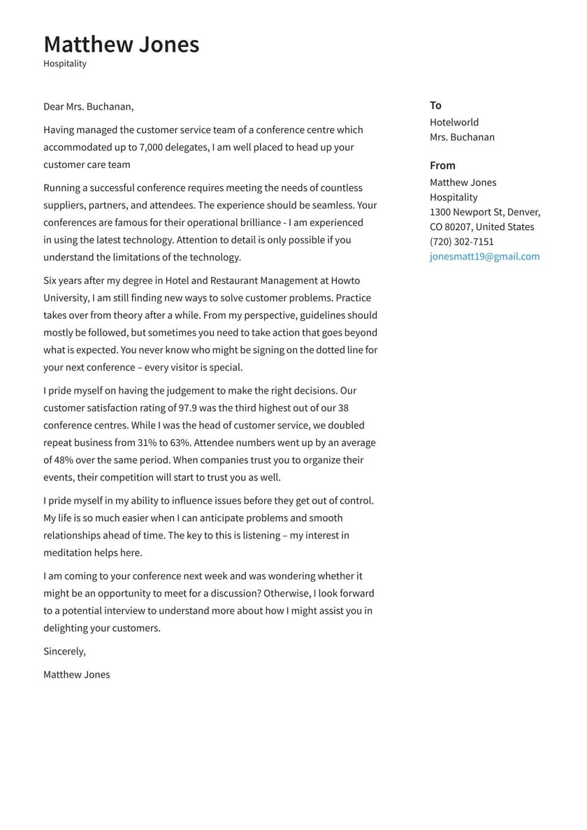 Free Sample Resume Cover Letter for Hotel Hospitality Cover Letter Examples & Expert Tips [free] Â· Resume.io