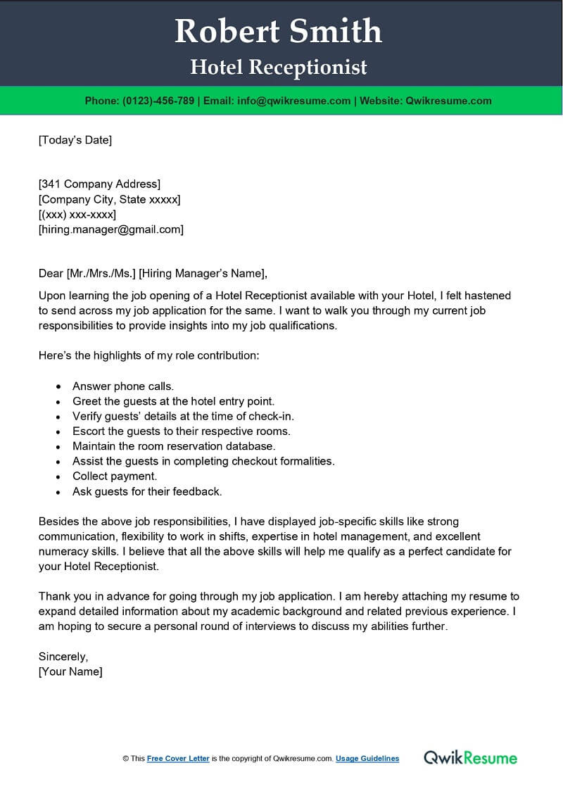 Free Sample Resume Cover Letter for Hotel Hotel Receptionist Cover Letter Examples – Qwikresume
