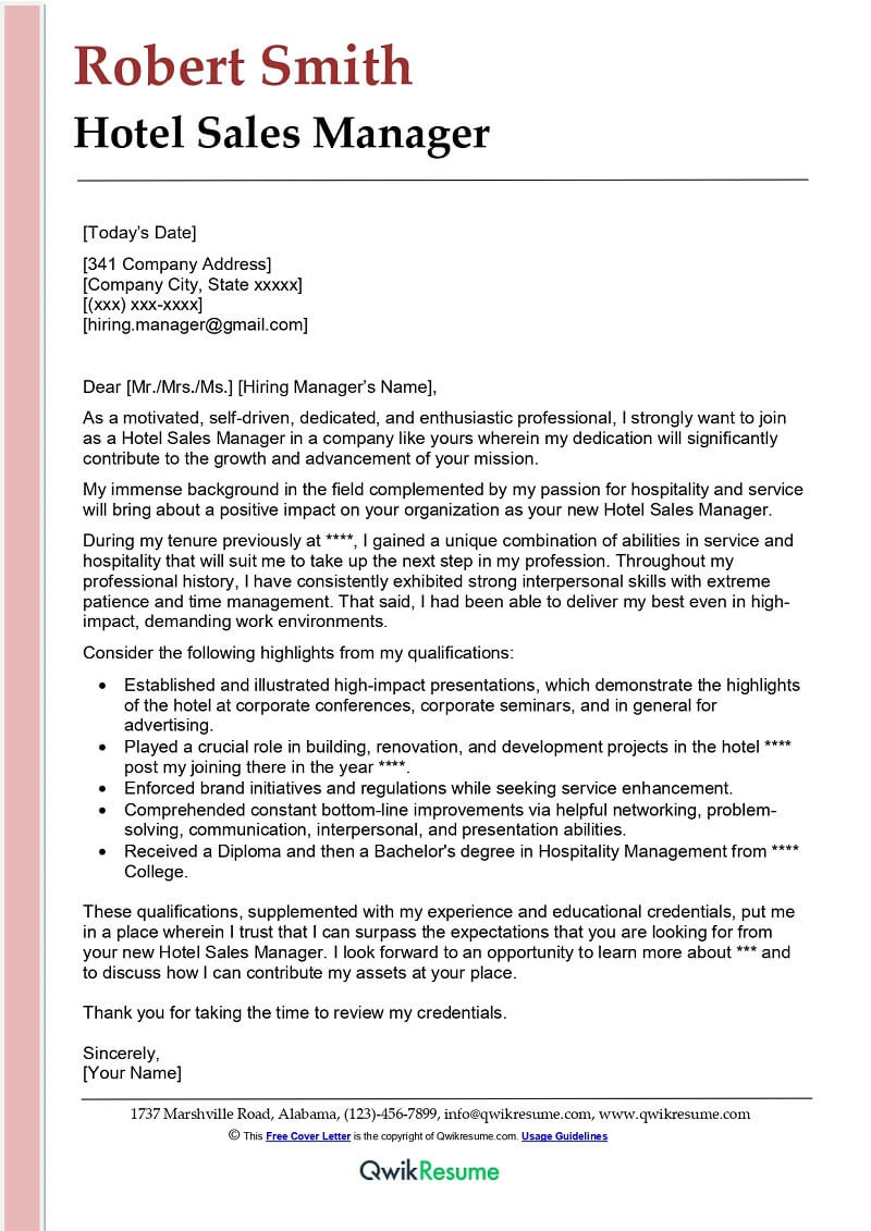Free Sample Resume Cover Letter for Hotel Hotel Sales Manager Cover Letter Examples – Qwikresume