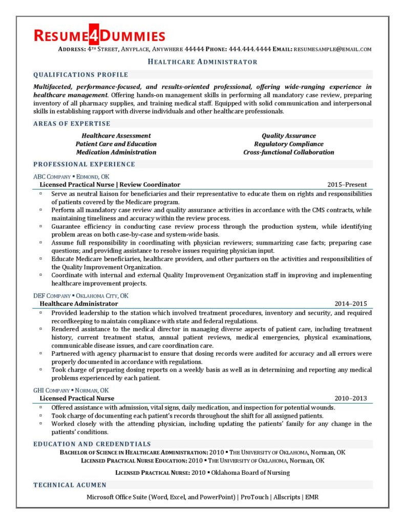 Free Sample Resume for A Hospital Administrator Healthcare Administrator Resume Example Resume4dummies