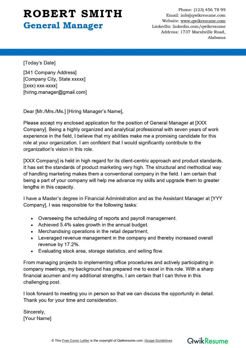 General Manager Resume Cover Letter Samples General Manager Cover Letter Examples – Qwikresume