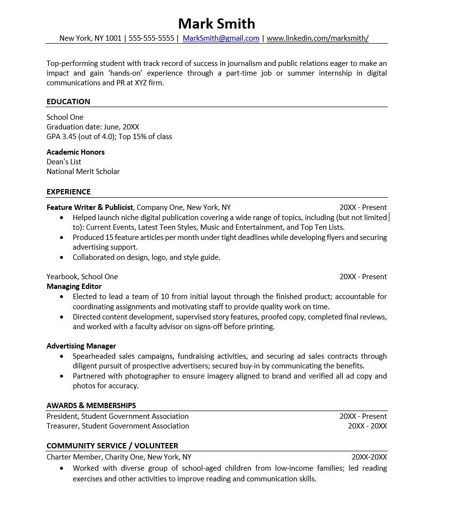 High School Student Resume format Samples High School Resume Template Monster.com