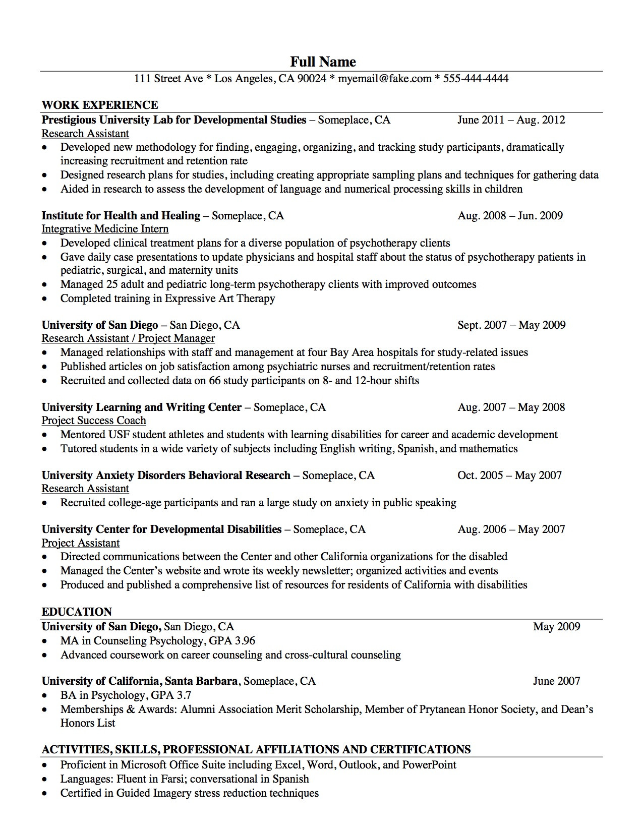Latest Resume Samples for Industrial and organizational Psychologist I O Psychologist Sample Resume