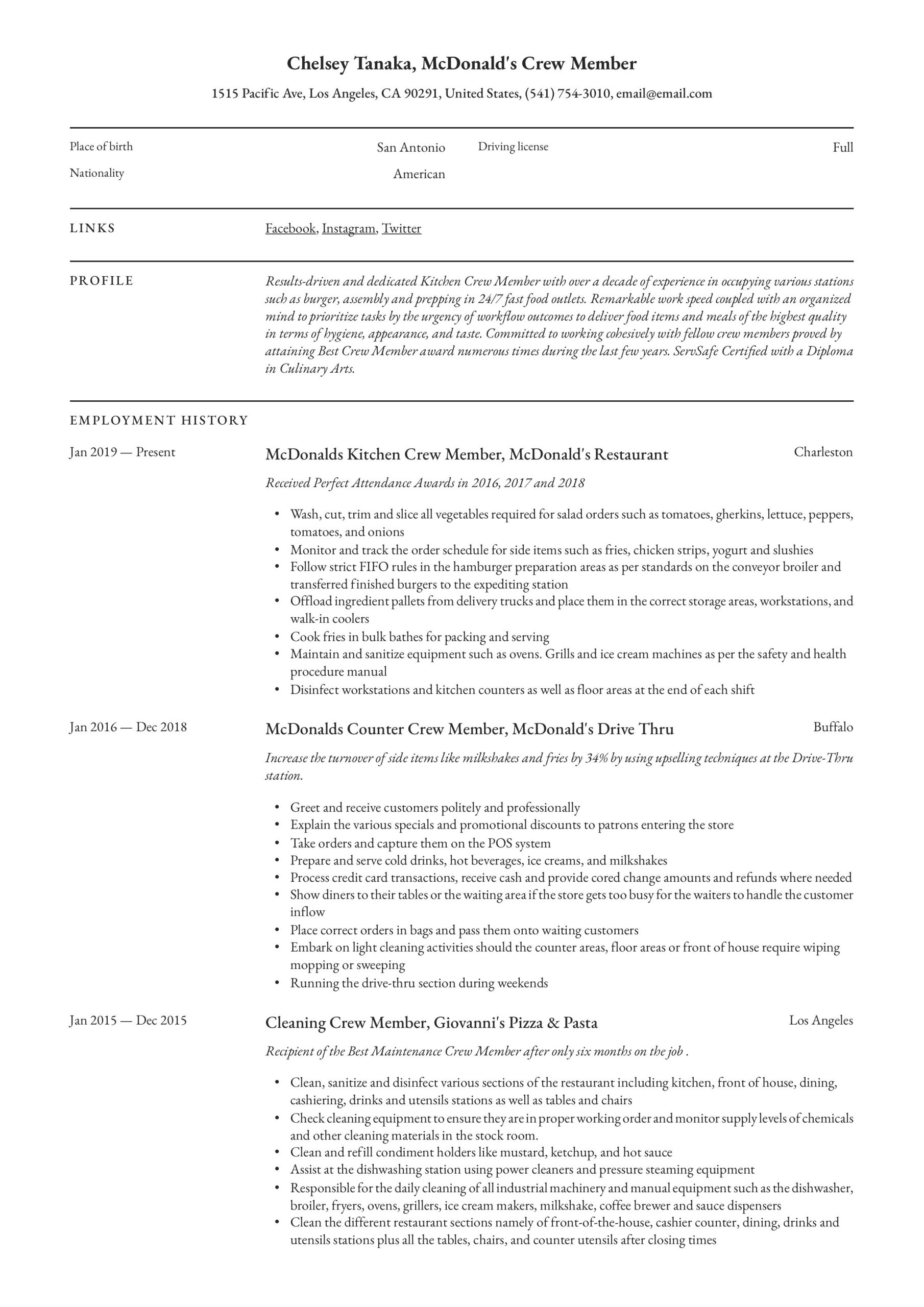 Mcdonalds Crew Job Description Resume Sample Mcdonalds Crew Member Resume & Writing Guide  12 Examples 2020