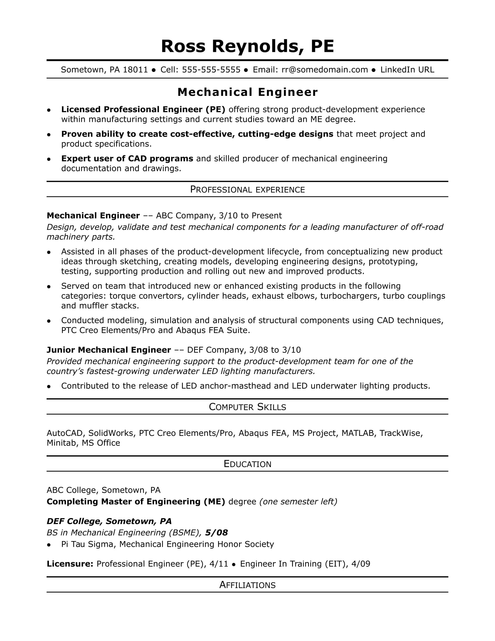 Mechanical Engineer Entry Level Resume Samples Sample Resume for A Midlevel Mechanical Engineer Monster.com