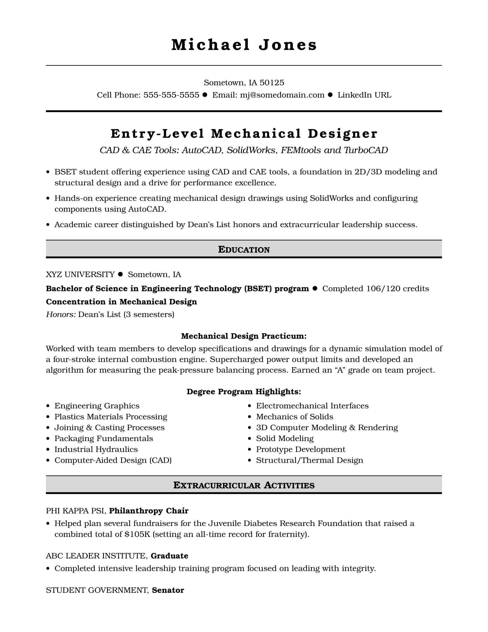 Mechanical Engineer Entry Level Resume Samples Sample Resume for An Entry-level Mechanical Designer Monster.com
