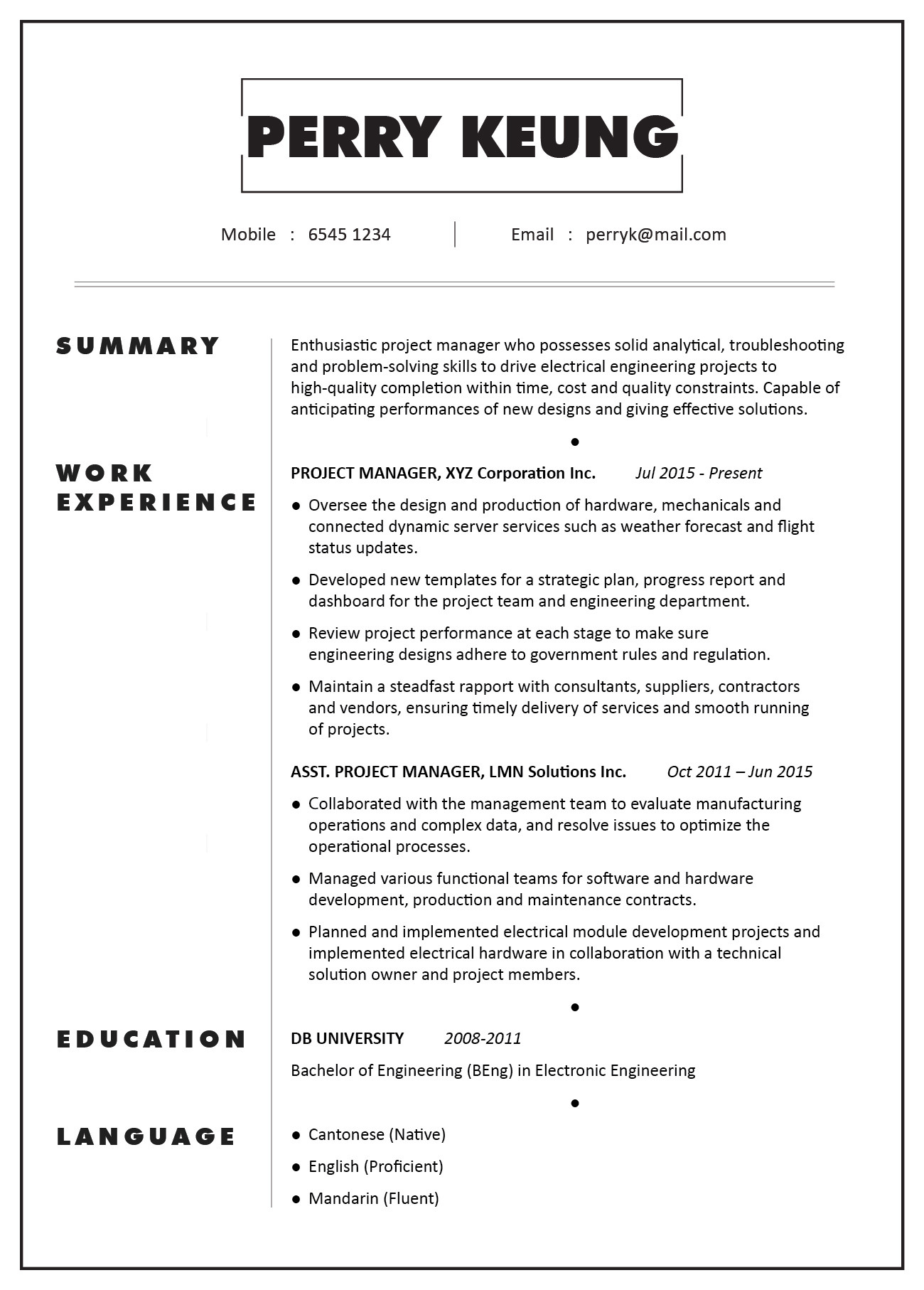 Mechanical Engineering Project Manager Resume Sample Cv Sample â Project Manager (electronic/electrical/mechanical …