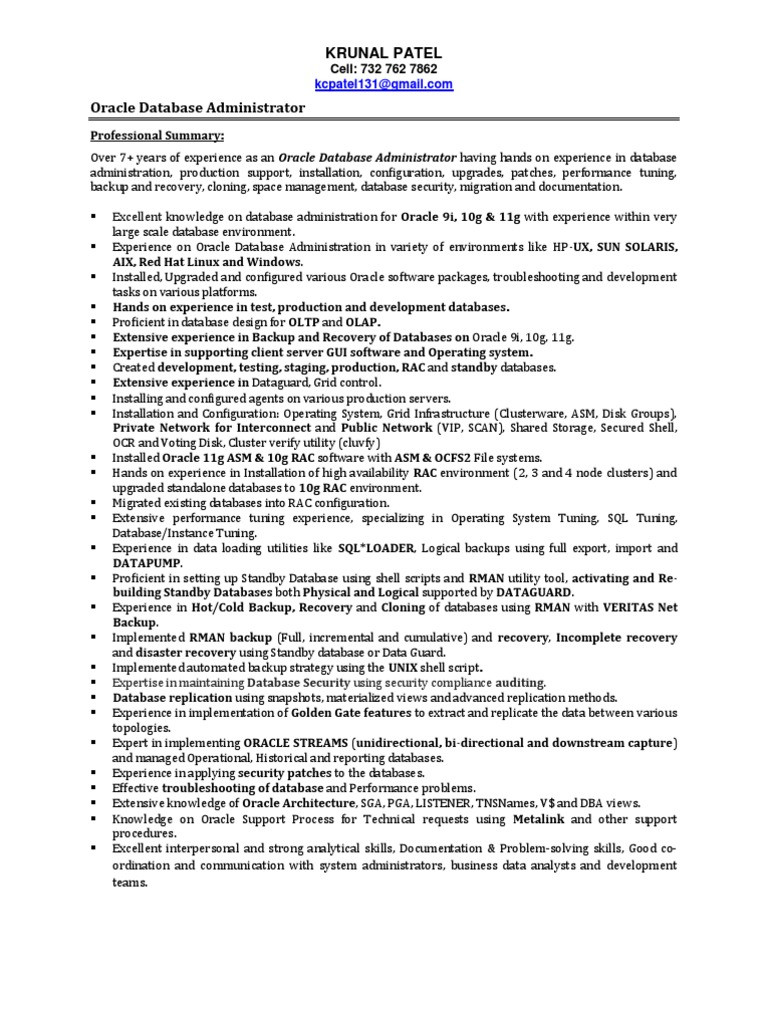 Netbackup 8.0 Resume Sample for 10 Years Experience oracle Dba Sample Resume Pdf Backup Databases
