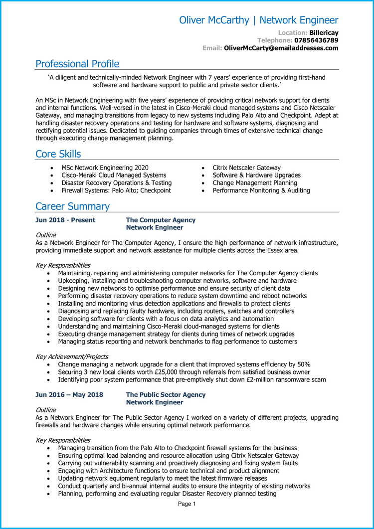 Network and System Support Engineer Sample Resume Network Engineer Cv Example   Writing Guide [get Noticed]