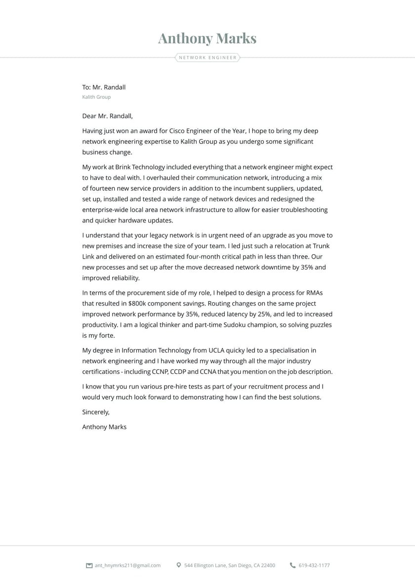 Network Engineer Cover Letter Resume Sample Network Engineer Cover Letter Examples & Expert Tips [free]