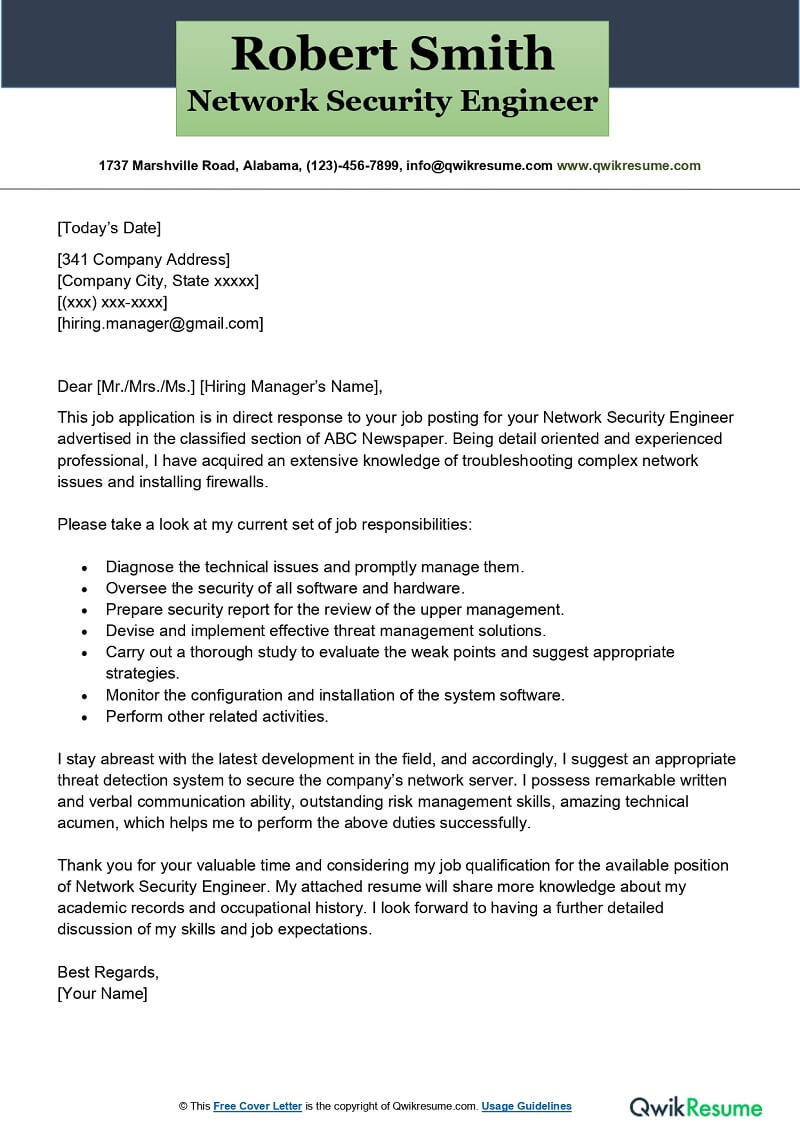 Network Engineer Cover Letter Resume Sample Network Security Engineer Cover Letter Examples – Qwikresume